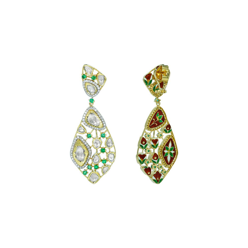 Polki Drop Earrings with Emerald Accents